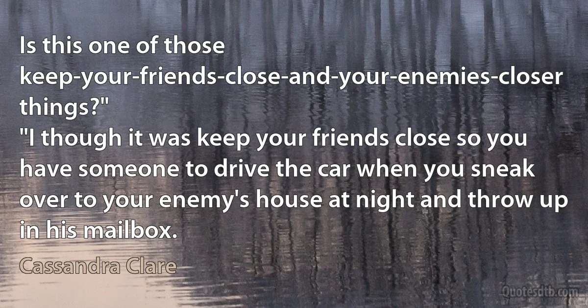 Is this one of those keep-your-friends-close-and-your-enemies-closer things?"
"I though it was keep your friends close so you have someone to drive the car when you sneak over to your enemy's house at night and throw up in his mailbox. (Cassandra Clare)