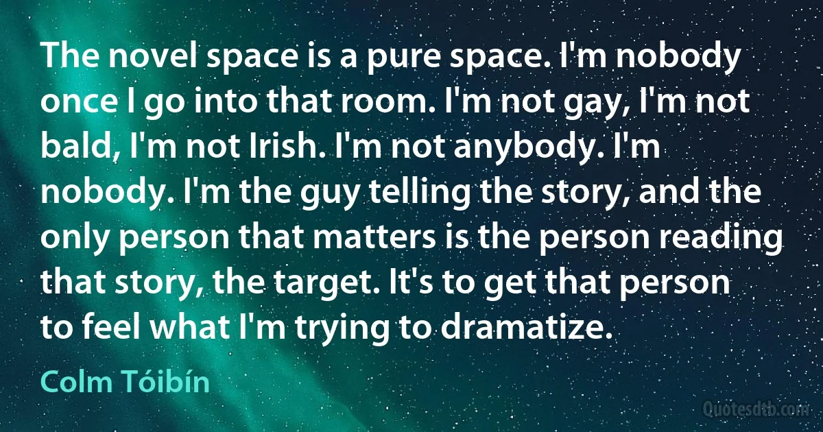 The novel space is a pure space. I'm nobody once I go into that room. I'm not gay, I'm not bald, I'm not Irish. I'm not anybody. I'm nobody. I'm the guy telling the story, and the only person that matters is the person reading that story, the target. It's to get that person to feel what I'm trying to dramatize. (Colm Tóibín)