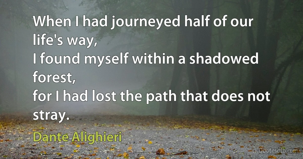 When I had journeyed half of our life's way,
I found myself within a shadowed forest,
for I had lost the path that does not stray. (Dante Alighieri)