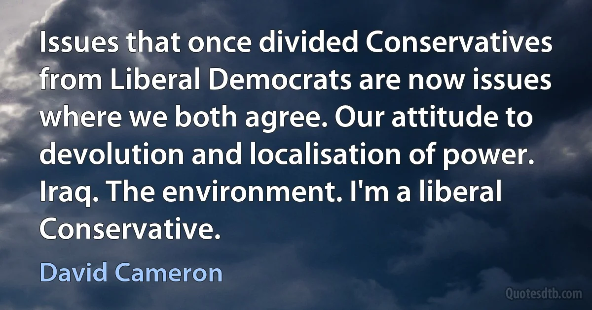 Issues that once divided Conservatives from Liberal Democrats are now issues where we both agree. Our attitude to devolution and localisation of power. Iraq. The environment. I'm a liberal Conservative. (David Cameron)