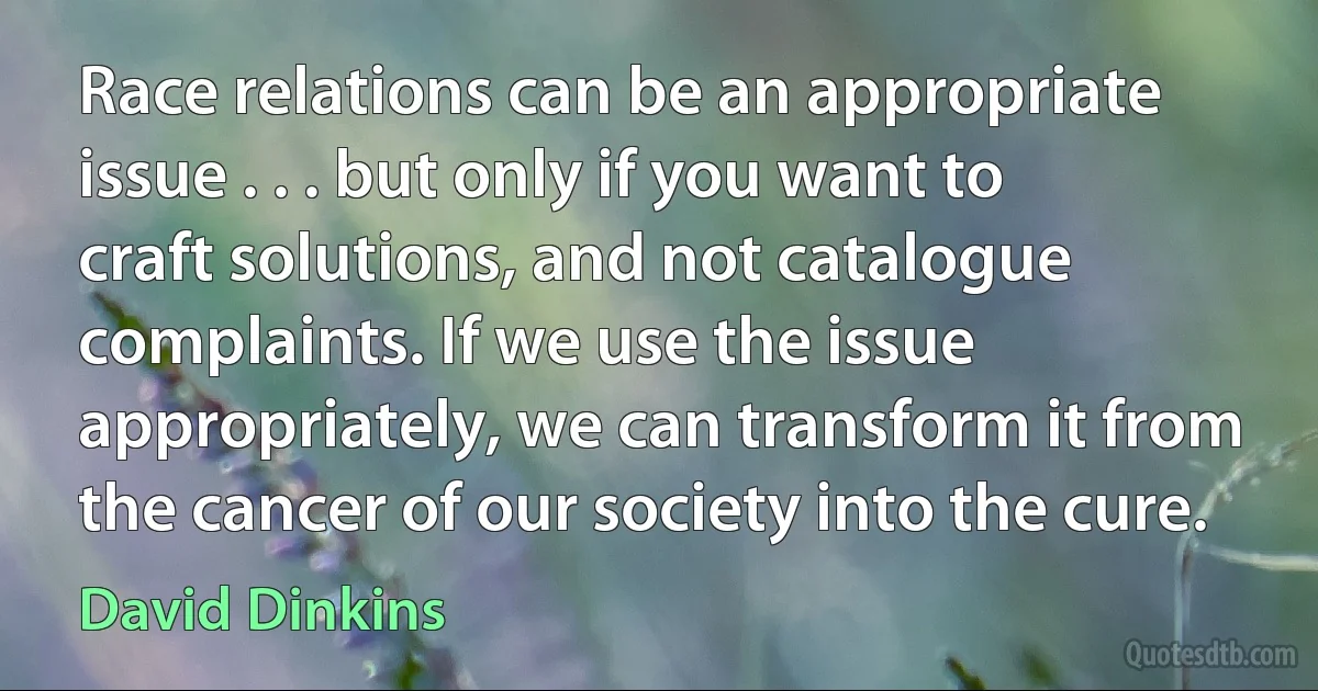 Race relations can be an appropriate issue . . . but only if you want to craft solutions, and not catalogue complaints. If we use the issue appropriately, we can transform it from the cancer of our society into the cure. (David Dinkins)