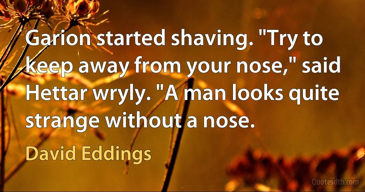 Garion started shaving. "Try to keep away from your nose," said Hettar wryly. "A man looks quite strange without a nose. (David Eddings)