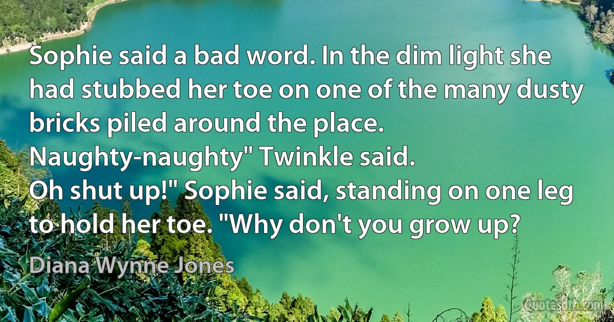 Sophie said a bad word. In the dim light she had stubbed her toe on one of the many dusty bricks piled around the place.
Naughty-naughty" Twinkle said.
Oh shut up!" Sophie said, standing on one leg to hold her toe. "Why don't you grow up? (Diana Wynne Jones)