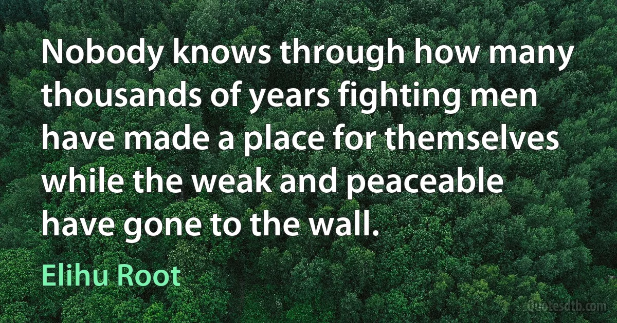 Nobody knows through how many thousands of years fighting men have made a place for themselves while the weak and peaceable have gone to the wall. (Elihu Root)