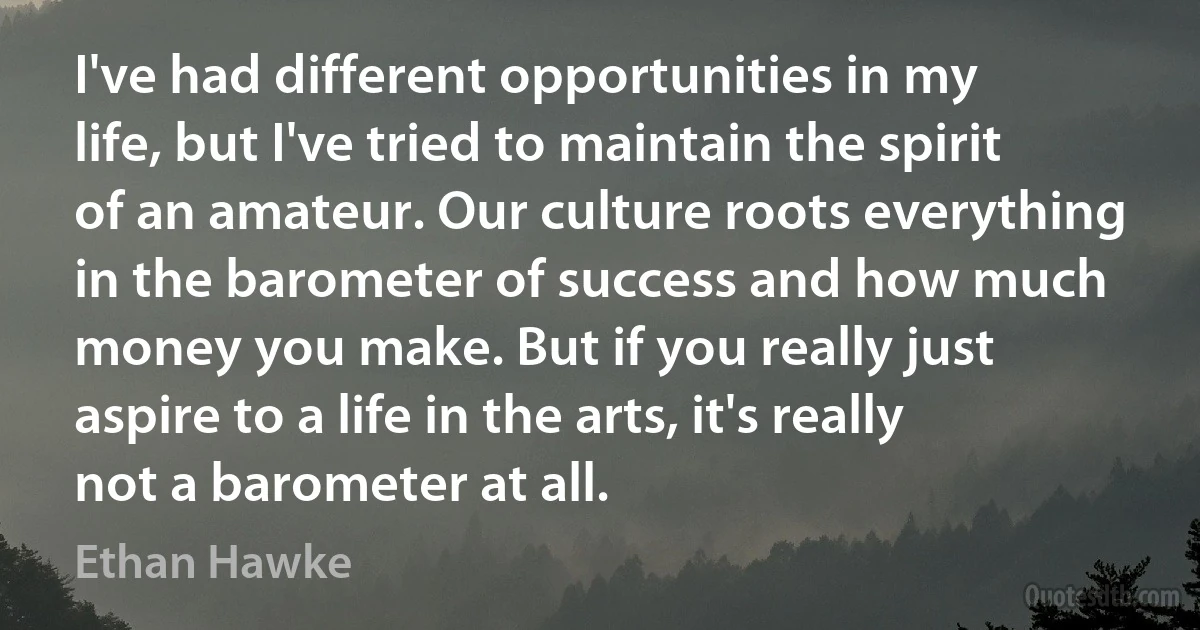 I've had different opportunities in my life, but I've tried to maintain the spirit of an amateur. Our culture roots everything in the barometer of success and how much money you make. But if you really just aspire to a life in the arts, it's really not a barometer at all. (Ethan Hawke)