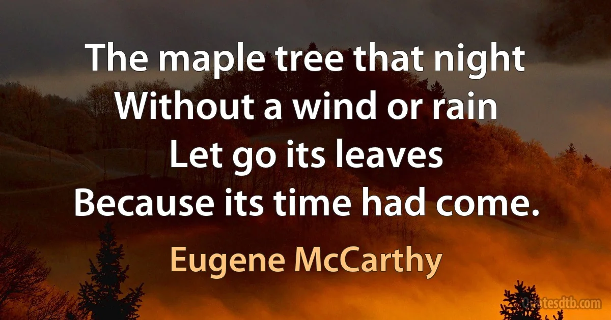 The maple tree that night
Without a wind or rain
Let go its leaves
Because its time had come. (Eugene McCarthy)