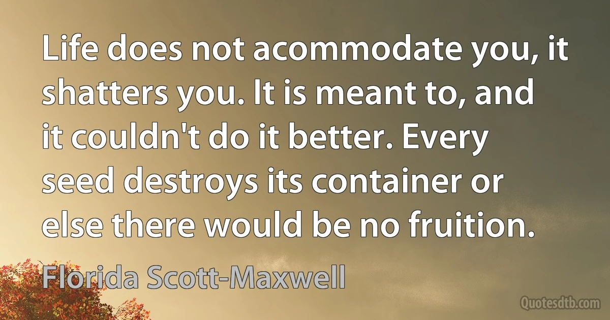 Life does not acommodate you, it shatters you. It is meant to, and it couldn't do it better. Every seed destroys its container or else there would be no fruition. (Florida Scott-Maxwell)