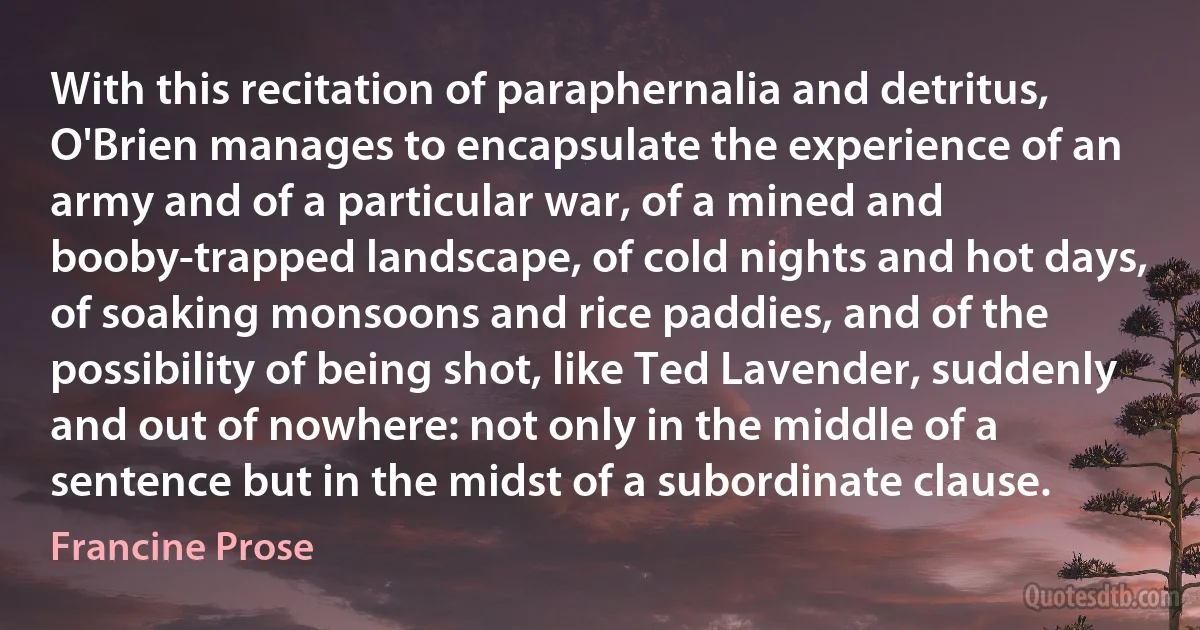 With this recitation of paraphernalia and detritus, O'Brien manages to encapsulate the experience of an army and of a particular war, of a mined and booby-trapped landscape, of cold nights and hot days, of soaking monsoons and rice paddies, and of the possibility of being shot, like Ted Lavender, suddenly and out of nowhere: not only in the middle of a sentence but in the midst of a subordinate clause. (Francine Prose)