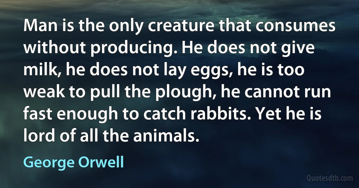 Man is the only creature that consumes without producing. He does not give milk, he does not lay eggs, he is too weak to pull the plough, he cannot run fast enough to catch rabbits. Yet he is lord of all the animals. (George Orwell)