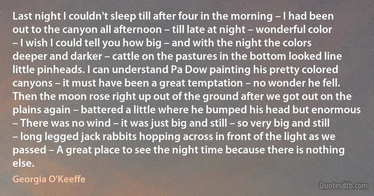 Last night I couldn't sleep till after four in the morning – I had been out to the canyon all afternoon – till late at night – wonderful color – I wish I could tell you how big – and with the night the colors deeper and darker – cattle on the pastures in the bottom looked line little pinheads. I can understand Pa Dow painting his pretty colored canyons – it must have been a great temptation – no wonder he fell. Then the moon rose right up out of the ground after we got out on the plains again – battered a little where he bumped his head but enormous – There was no wind – it was just big and still – so very big and still – long legged jack rabbits hopping across in front of the light as we passed – A great place to see the night time because there is nothing else. (Georgia O'Keeffe)