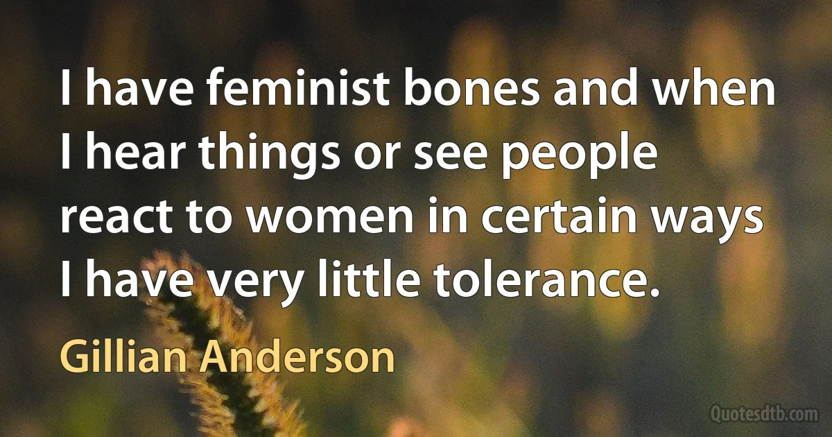 I have feminist bones and when I hear things or see people react to women in certain ways I have very little tolerance. (Gillian Anderson)