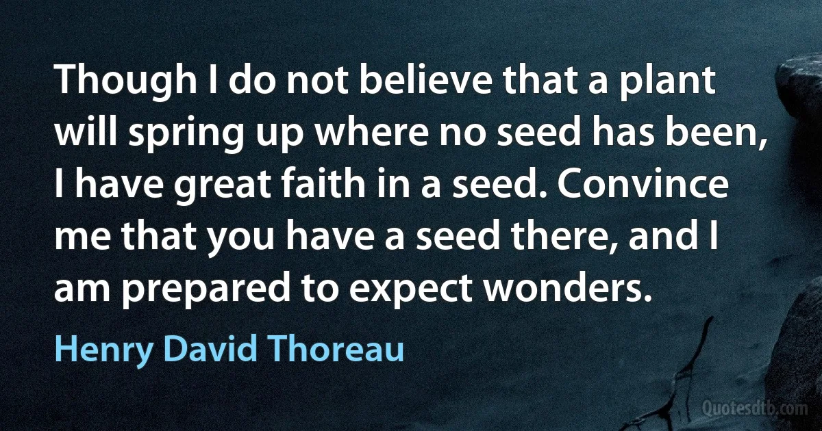 Though I do not believe that a plant will spring up where no seed has been, I have great faith in a seed. Convince me that you have a seed there, and I am prepared to expect wonders. (Henry David Thoreau)