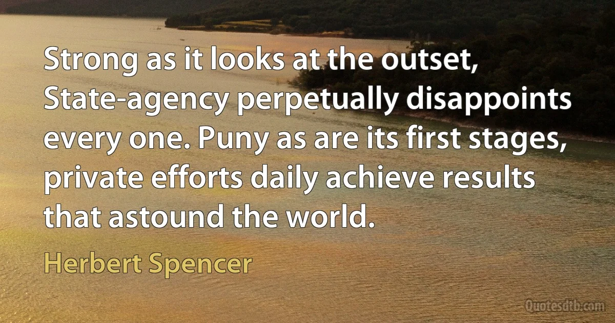 Strong as it looks at the outset, State-agency perpetually disappoints every one. Puny as are its first stages, private efforts daily achieve results that astound the world. (Herbert Spencer)