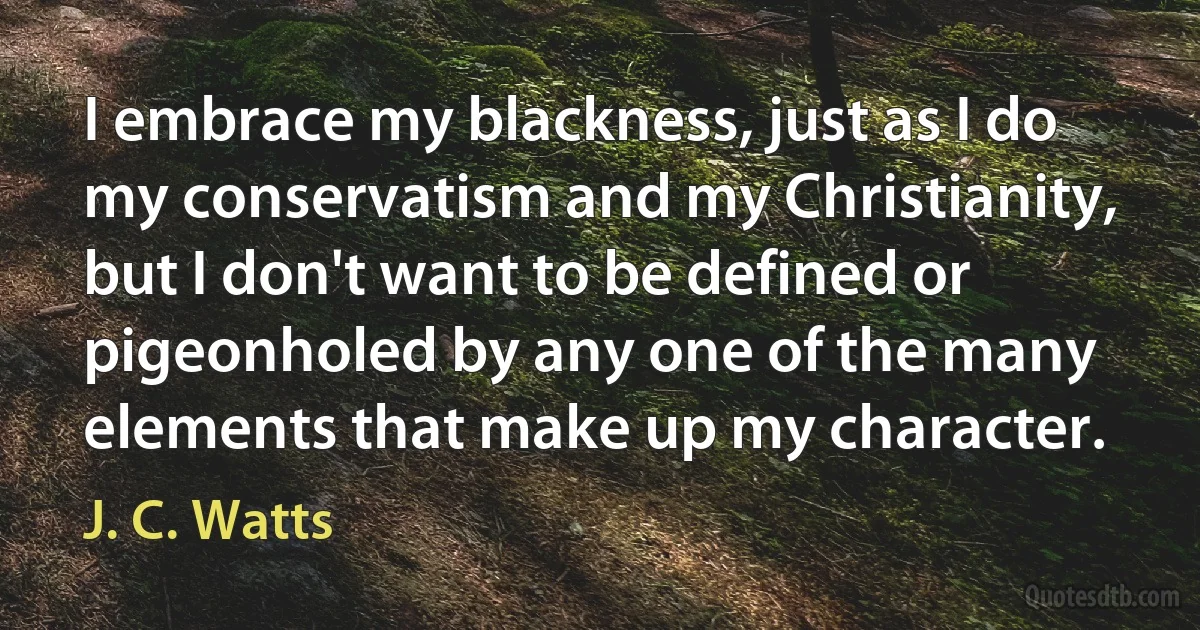 I embrace my blackness, just as I do my conservatism and my Christianity, but I don't want to be defined or pigeonholed by any one of the many elements that make up my character. (J. C. Watts)