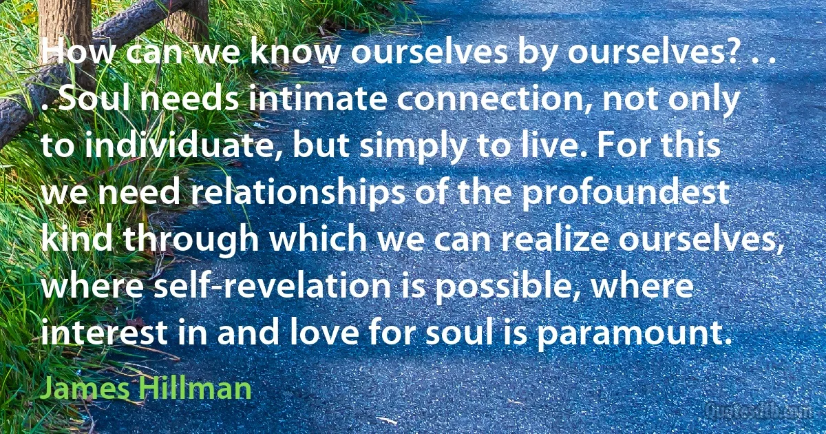 How can we know ourselves by ourselves? . . . Soul needs intimate connection, not only to individuate, but simply to live. For this we need relationships of the profoundest kind through which we can realize ourselves, where self-revelation is possible, where interest in and love for soul is paramount. (James Hillman)