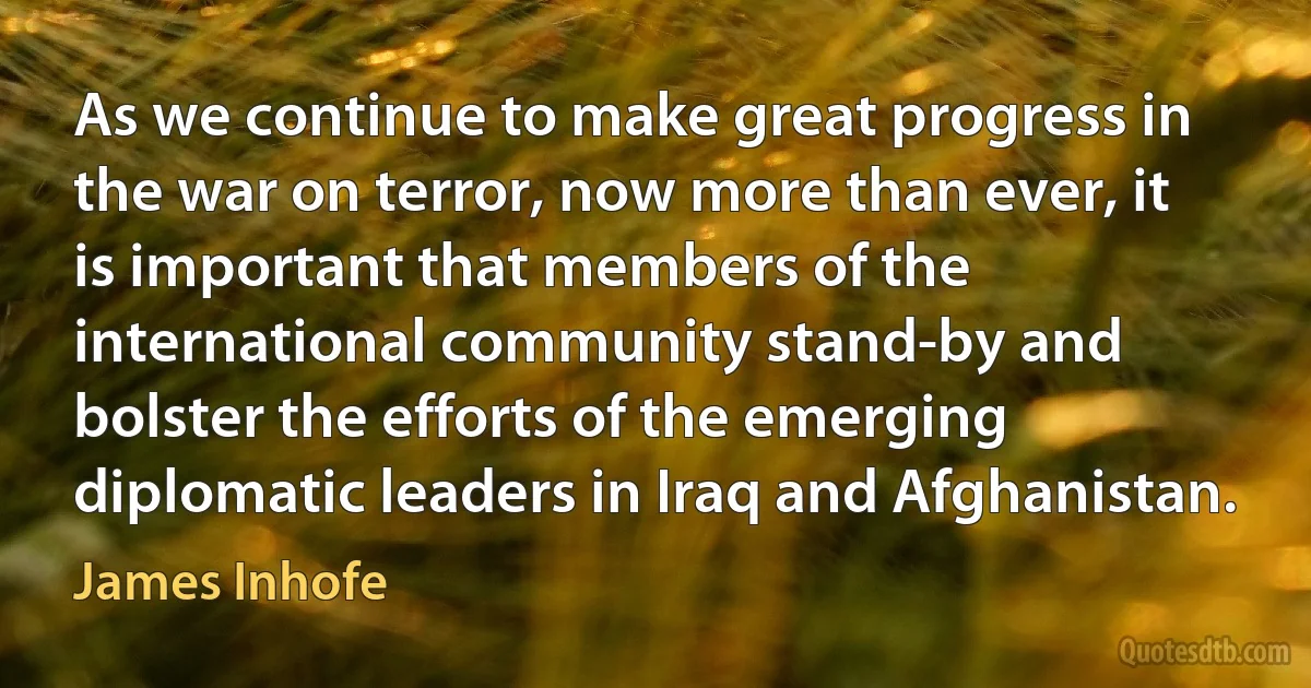 As we continue to make great progress in the war on terror, now more than ever, it is important that members of the international community stand-by and bolster the efforts of the emerging diplomatic leaders in Iraq and Afghanistan. (James Inhofe)