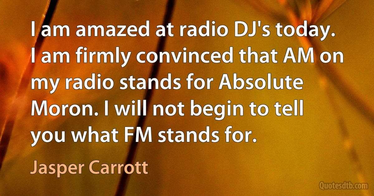 I am amazed at radio DJ's today. I am firmly convinced that AM on my radio stands for Absolute Moron. I will not begin to tell you what FM stands for. (Jasper Carrott)