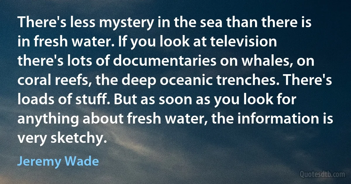 There's less mystery in the sea than there is in fresh water. If you look at television there's lots of documentaries on whales, on coral reefs, the deep oceanic trenches. There's loads of stuff. But as soon as you look for anything about fresh water, the information is very sketchy. (Jeremy Wade)