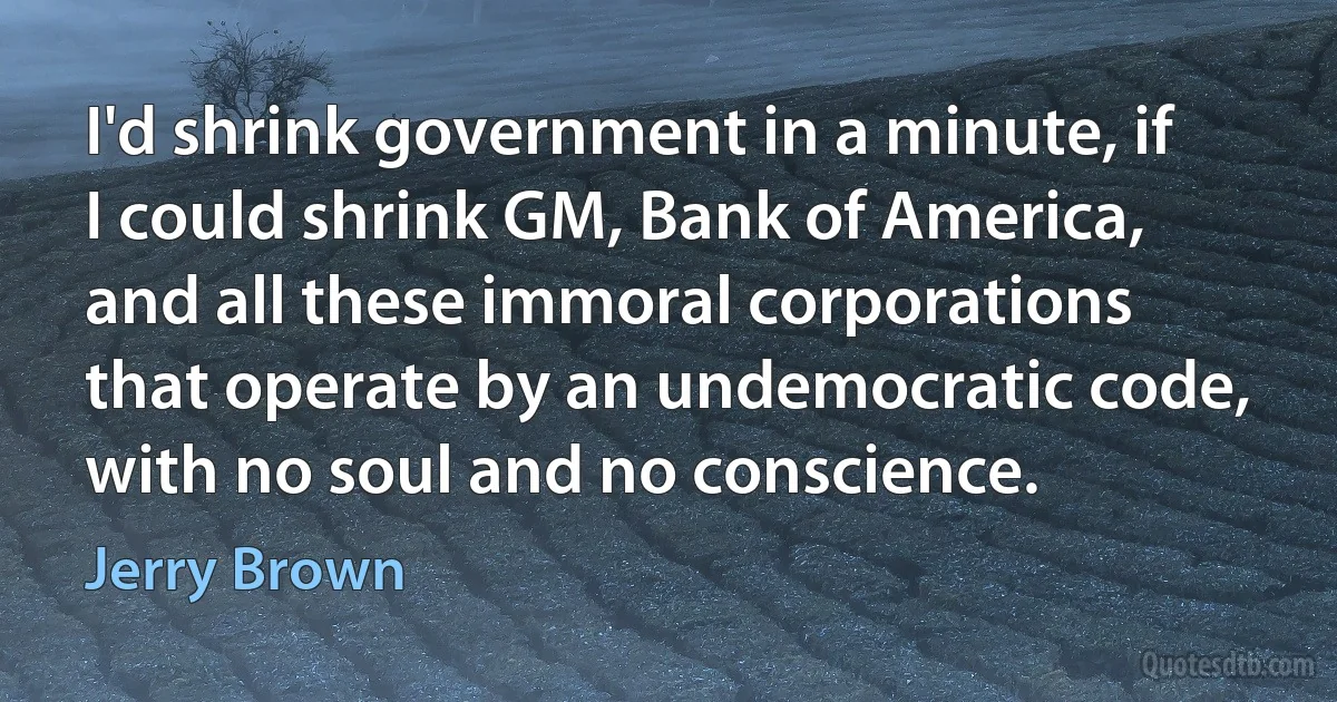 I'd shrink government in a minute, if I could shrink GM, Bank of America, and all these immoral corporations that operate by an undemocratic code, with no soul and no conscience. (Jerry Brown)