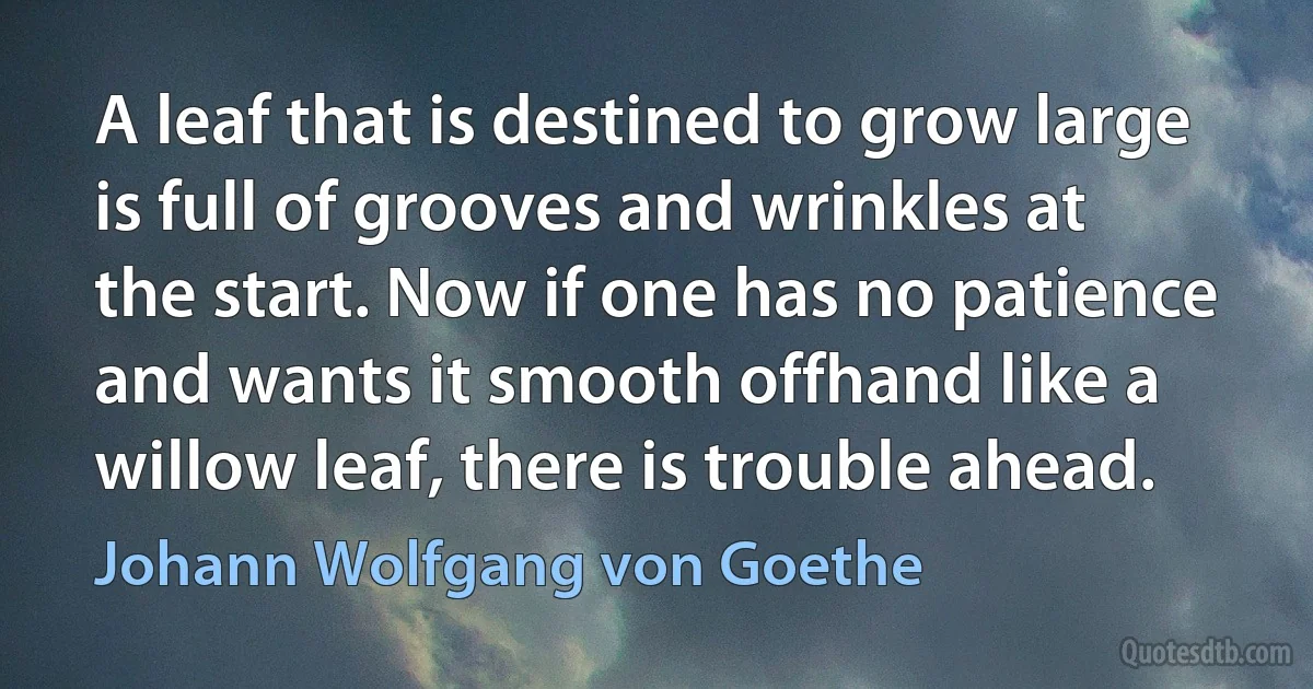 A leaf that is destined to grow large is full of grooves and wrinkles at the start. Now if one has no patience and wants it smooth offhand like a willow leaf, there is trouble ahead. (Johann Wolfgang von Goethe)