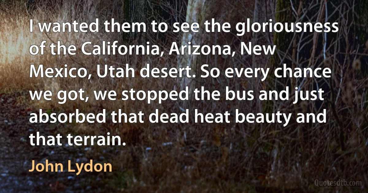 I wanted them to see the gloriousness of the California, Arizona, New Mexico, Utah desert. So every chance we got, we stopped the bus and just absorbed that dead heat beauty and that terrain. (John Lydon)