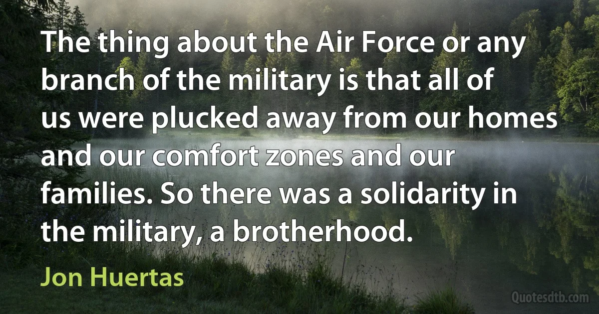 The thing about the Air Force or any branch of the military is that all of us were plucked away from our homes and our comfort zones and our families. So there was a solidarity in the military, a brotherhood. (Jon Huertas)