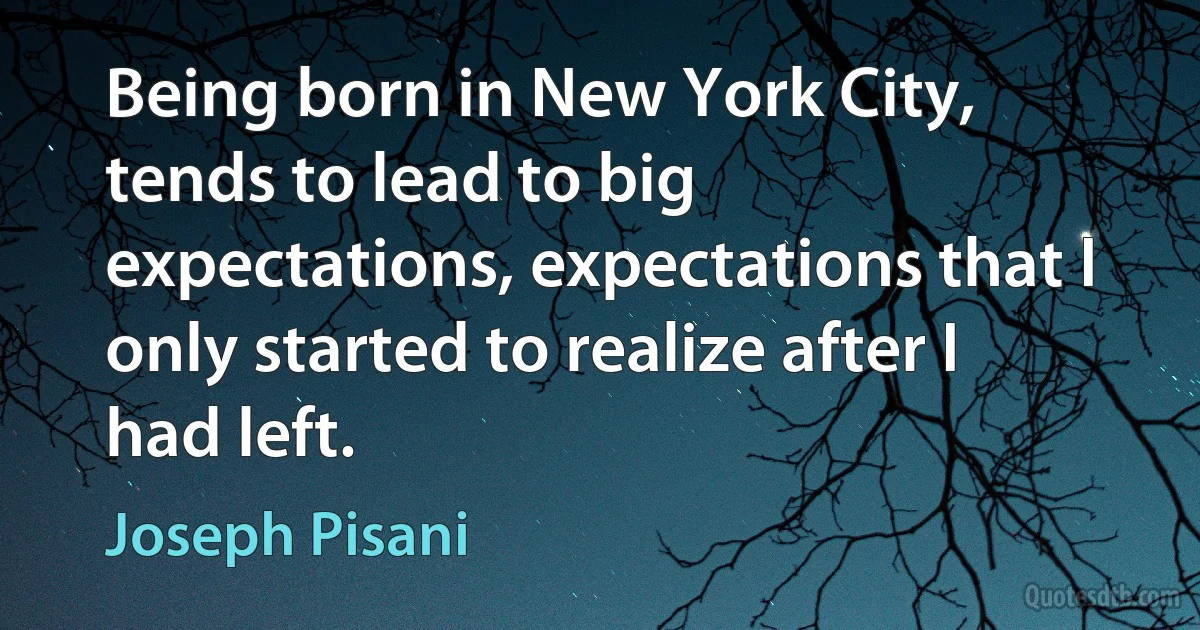 Being born in New York City, tends to lead to big expectations, expectations that I only started to realize after I had left. (Joseph Pisani)