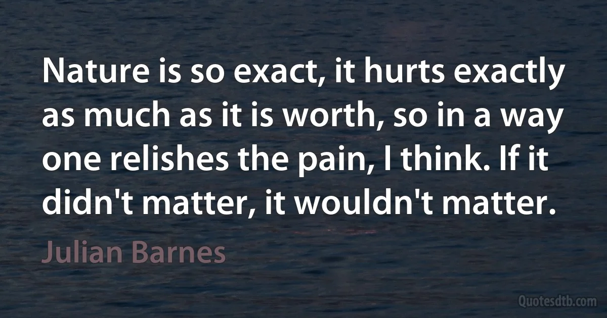 Nature is so exact, it hurts exactly as much as it is worth, so in a way one relishes the pain, I think. If it didn't matter, it wouldn't matter. (Julian Barnes)