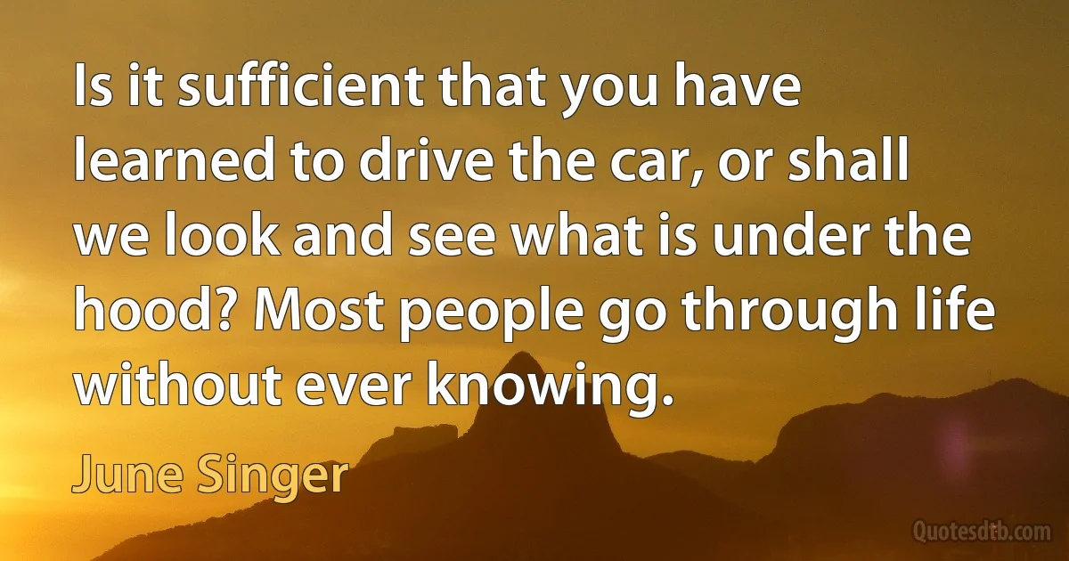 Is it sufficient that you have learned to drive the car, or shall we look and see what is under the hood? Most people go through life without ever knowing. (June Singer)