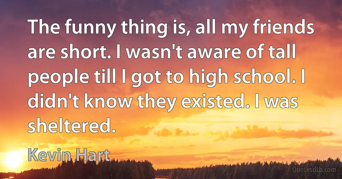 The funny thing is, all my friends are short. I wasn't aware of tall people till I got to high school. I didn't know they existed. I was sheltered. (Kevin Hart)