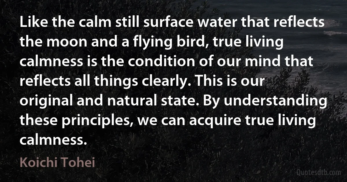 Like the calm still surface water that reflects the moon and a flying bird, true living calmness is the condition of our mind that reflects all things clearly. This is our original and natural state. By understanding these principles, we can acquire true living calmness. (Koichi Tohei)