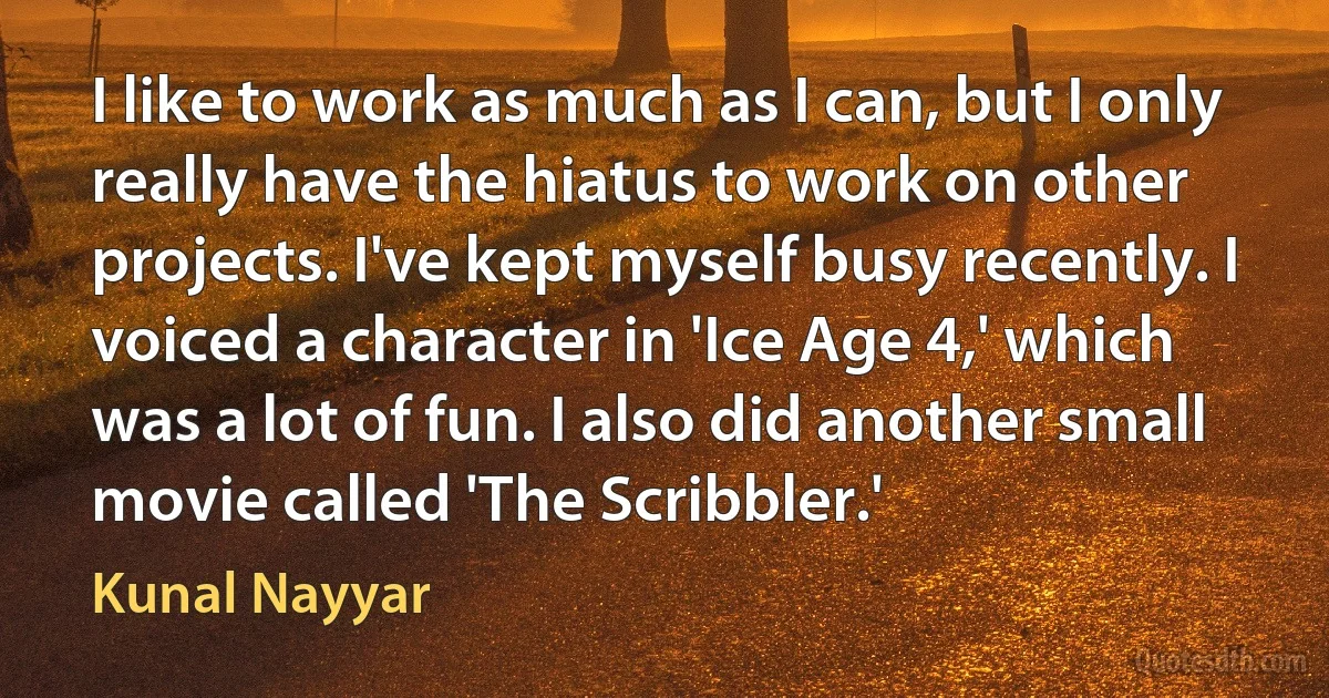 I like to work as much as I can, but I only really have the hiatus to work on other projects. I've kept myself busy recently. I voiced a character in 'Ice Age 4,' which was a lot of fun. I also did another small movie called 'The Scribbler.' (Kunal Nayyar)