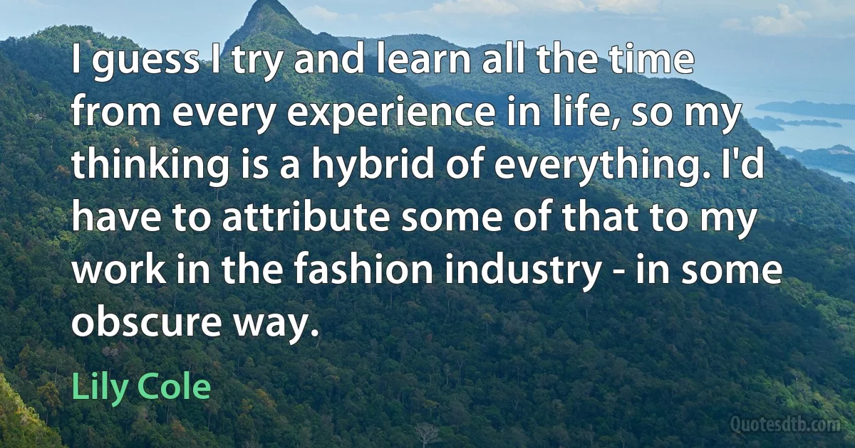 I guess I try and learn all the time from every experience in life, so my thinking is a hybrid of everything. I'd have to attribute some of that to my work in the fashion industry - in some obscure way. (Lily Cole)