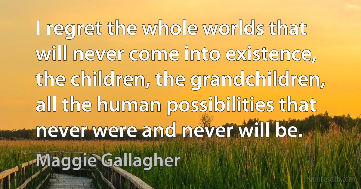 I regret the whole worlds that will never come into existence, the children, the grandchildren, all the human possibilities that never were and never will be. (Maggie Gallagher)