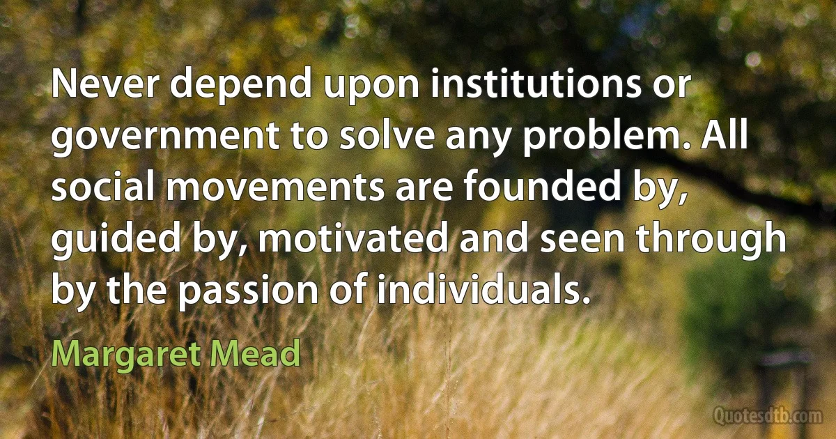 Never depend upon institutions or government to solve any problem. All social movements are founded by, guided by, motivated and seen through by the passion of individuals. (Margaret Mead)