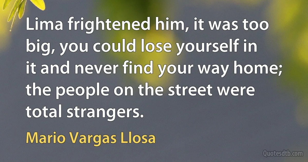 Lima frightened him, it was too big, you could lose yourself in it and never find your way home; the people on the street were total strangers. (Mario Vargas Llosa)