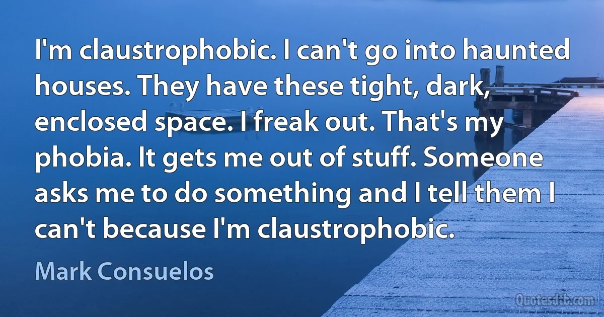 I'm claustrophobic. I can't go into haunted houses. They have these tight, dark, enclosed space. I freak out. That's my phobia. It gets me out of stuff. Someone asks me to do something and I tell them I can't because I'm claustrophobic. (Mark Consuelos)