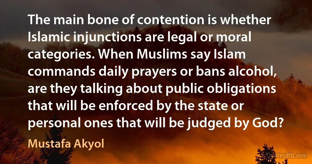 The main bone of contention is whether Islamic injunctions are legal or moral categories. When Muslims say Islam commands daily prayers or bans alcohol, are they talking about public obligations that will be enforced by the state or personal ones that will be judged by God? (Mustafa Akyol)