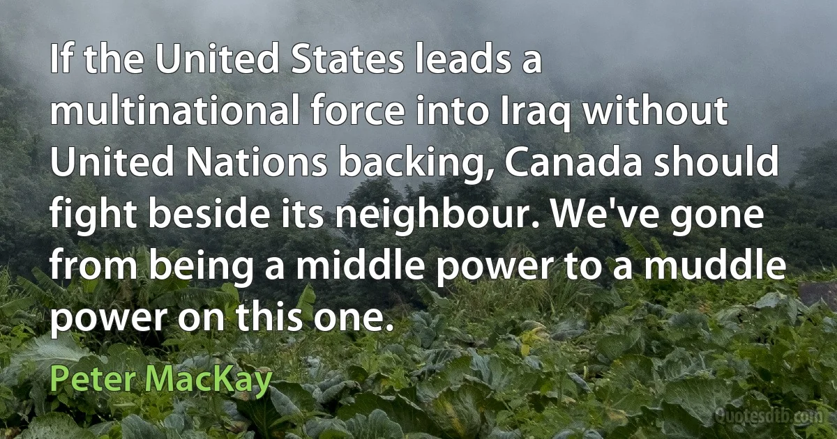 If the United States leads a multinational force into Iraq without United Nations backing, Canada should fight beside its neighbour. We've gone from being a middle power to a muddle power on this one. (Peter MacKay)