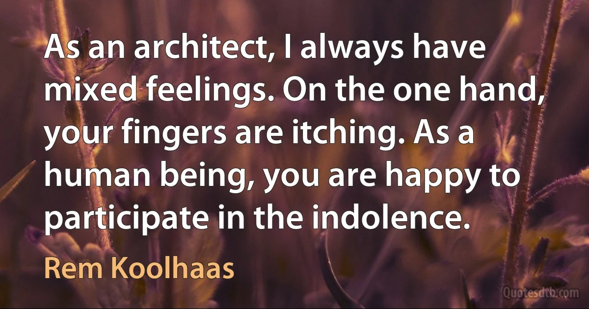 As an architect, I always have mixed feelings. On the one hand, your fingers are itching. As a human being, you are happy to participate in the indolence. (Rem Koolhaas)