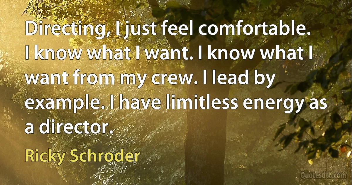 Directing, I just feel comfortable. I know what I want. I know what I want from my crew. I lead by example. I have limitless energy as a director. (Ricky Schroder)