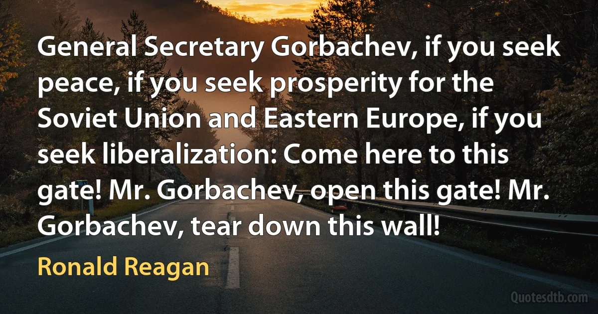 General Secretary Gorbachev, if you seek peace, if you seek prosperity for the Soviet Union and Eastern Europe, if you seek liberalization: Come here to this gate! Mr. Gorbachev, open this gate! Mr. Gorbachev, tear down this wall! (Ronald Reagan)