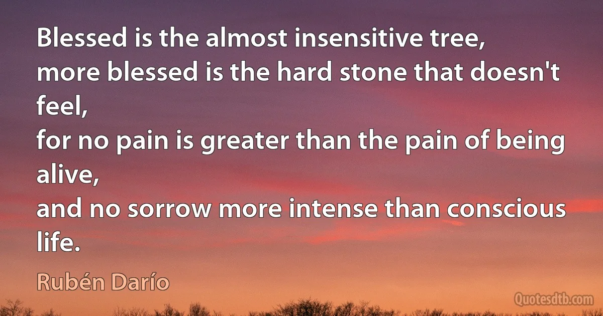 Blessed is the almost insensitive tree,
more blessed is the hard stone that doesn't feel,
for no pain is greater than the pain of being alive,
and no sorrow more intense than conscious life. (Rubén Darío)