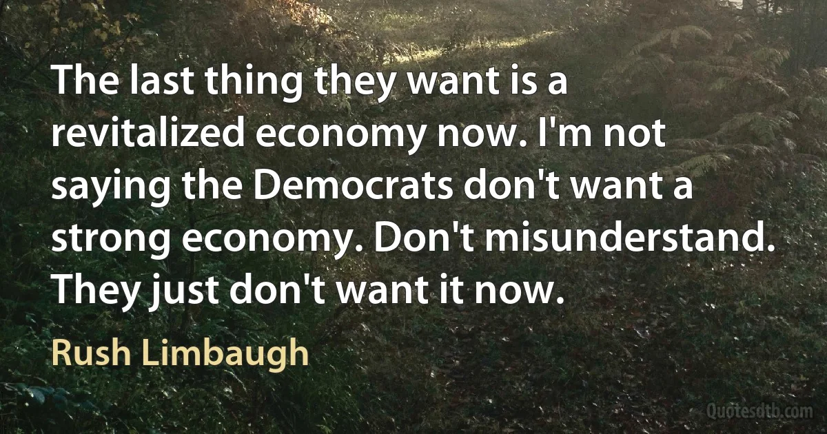 The last thing they want is a revitalized economy now. I'm not saying the Democrats don't want a strong economy. Don't misunderstand. They just don't want it now. (Rush Limbaugh)