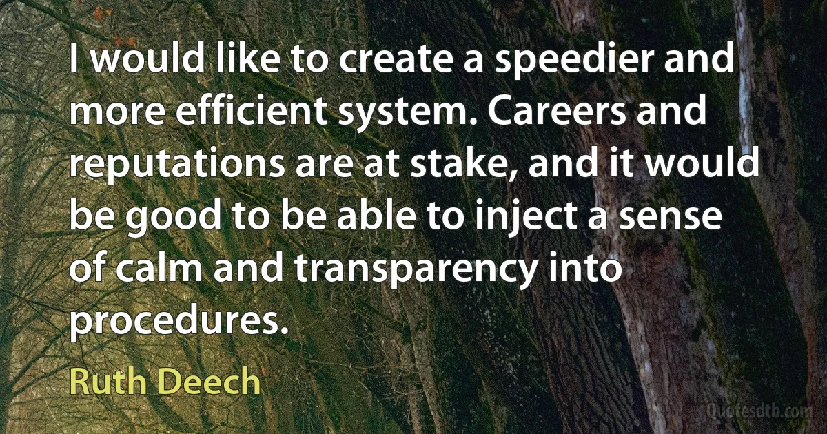 I would like to create a speedier and more efficient system. Careers and reputations are at stake, and it would be good to be able to inject a sense of calm and transparency into procedures. (Ruth Deech)