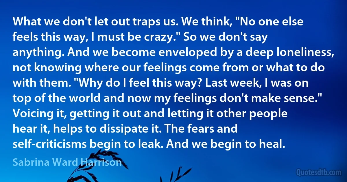 What we don't let out traps us. We think, "No one else feels this way, I must be crazy." So we don't say anything. And we become enveloped by a deep loneliness, not knowing where our feelings come from or what to do with them. "Why do I feel this way? Last week, I was on top of the world and now my feelings don't make sense." Voicing it, getting it out and letting it other people hear it, helps to dissipate it. The fears and self-criticisms begin to leak. And we begin to heal. (Sabrina Ward Harrison)