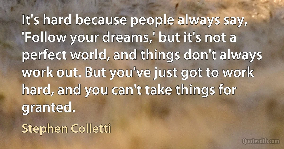 It's hard because people always say, 'Follow your dreams,' but it's not a perfect world, and things don't always work out. But you've just got to work hard, and you can't take things for granted. (Stephen Colletti)