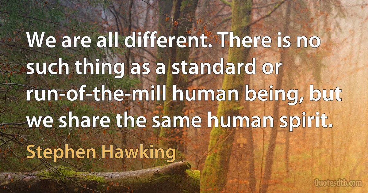 We are all different. There is no such thing as a standard or run-of-the-mill human being, but we share the same human spirit. (Stephen Hawking)