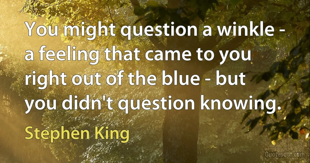 You might question a winkle - a feeling that came to you right out of the blue - but you didn't question knowing. (Stephen King)