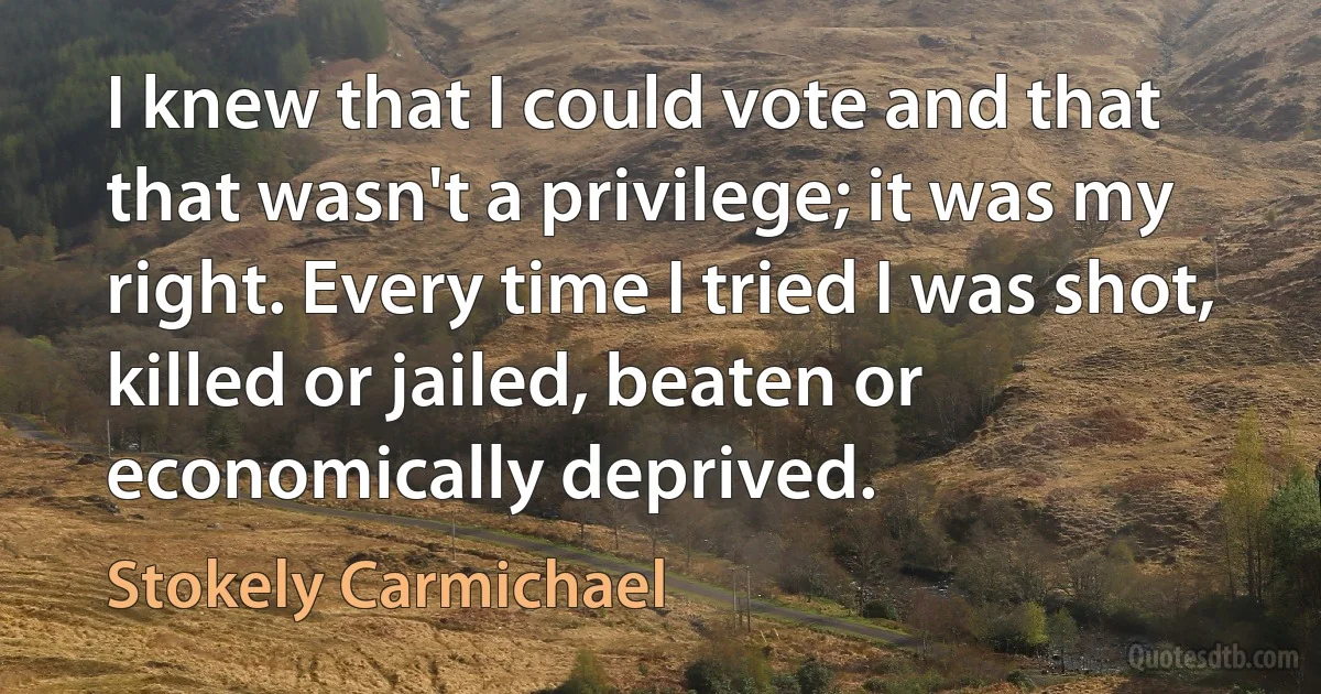 I knew that I could vote and that that wasn't a privilege; it was my right. Every time I tried I was shot, killed or jailed, beaten or economically deprived. (Stokely Carmichael)